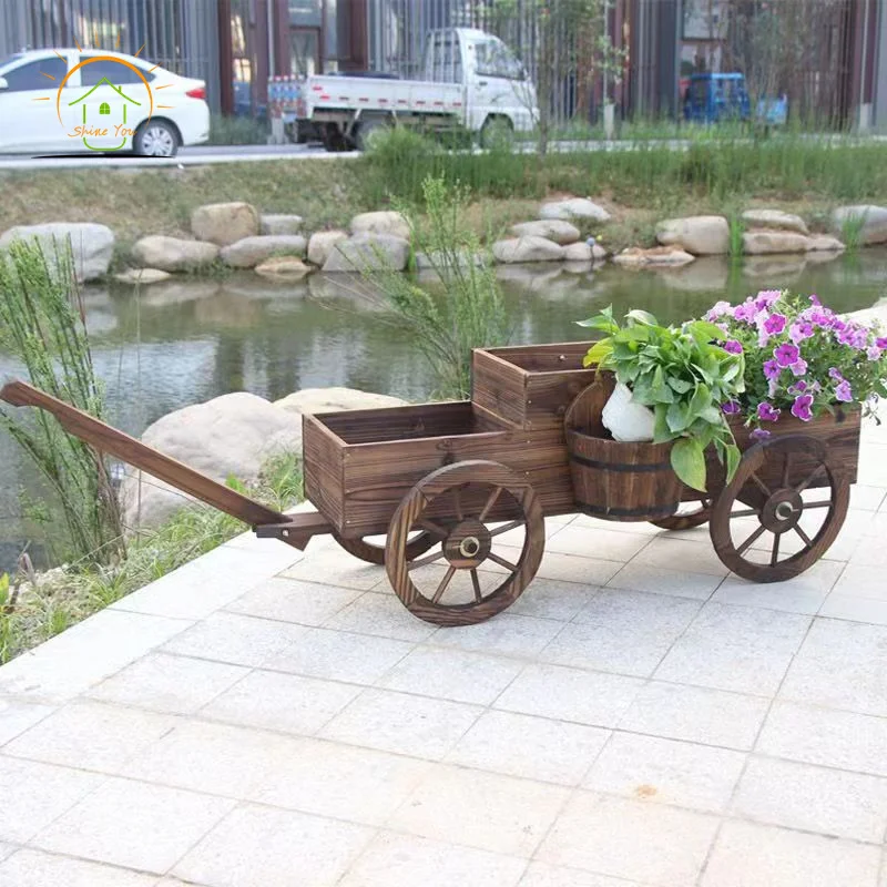 Movable Solid Wood Four-wheel Garden Rustic Wooden Flower Cart Wood Wagon Planter