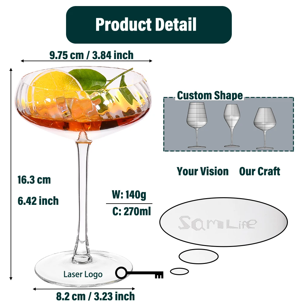 280ml Unique Creative Vintage Stemmed Ribbed Martini Glasses Set Ice Cream Coupe Cocktail Glasses for Wedding Birthday Gift Box