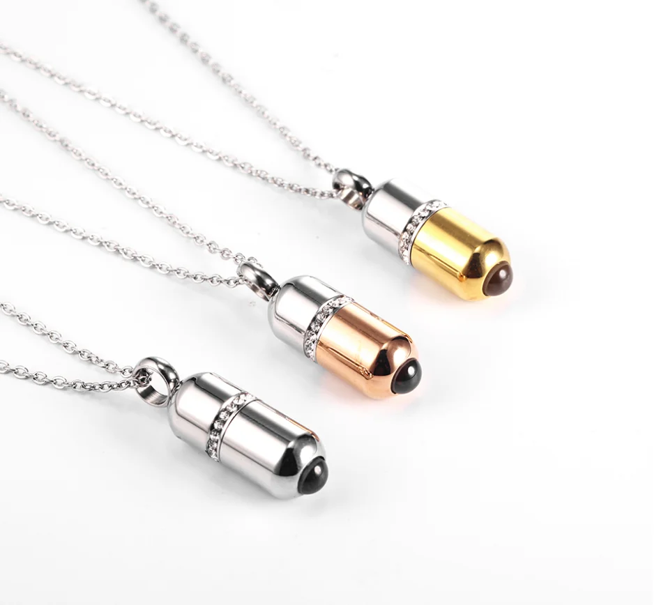 Stainless Steel Gold Crystal Capsule Locket Cremation Urn Pendant Necklace Pill Case Perfume Pendant Keepsake Jewelry For Ash