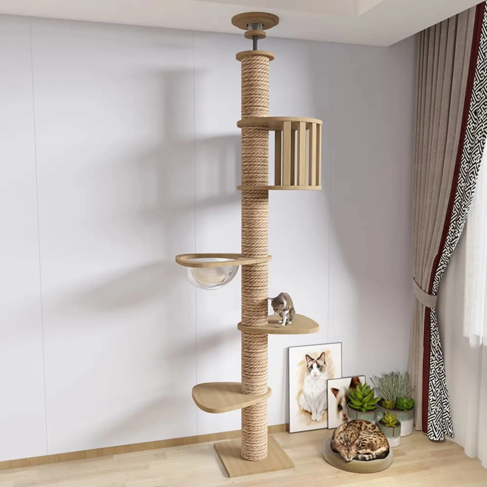 Custom Large Cats Scratch Post Floor to Climbing Ceiling Frame Wood sisal Tree Space Capsule Jumping Platform Cat Ceiling  tower