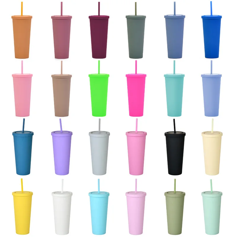 Double Wall Plastic Straw Cup 24oz Coffee Cup Water Frosted Bottle On Hand Cup Ready For Ship
