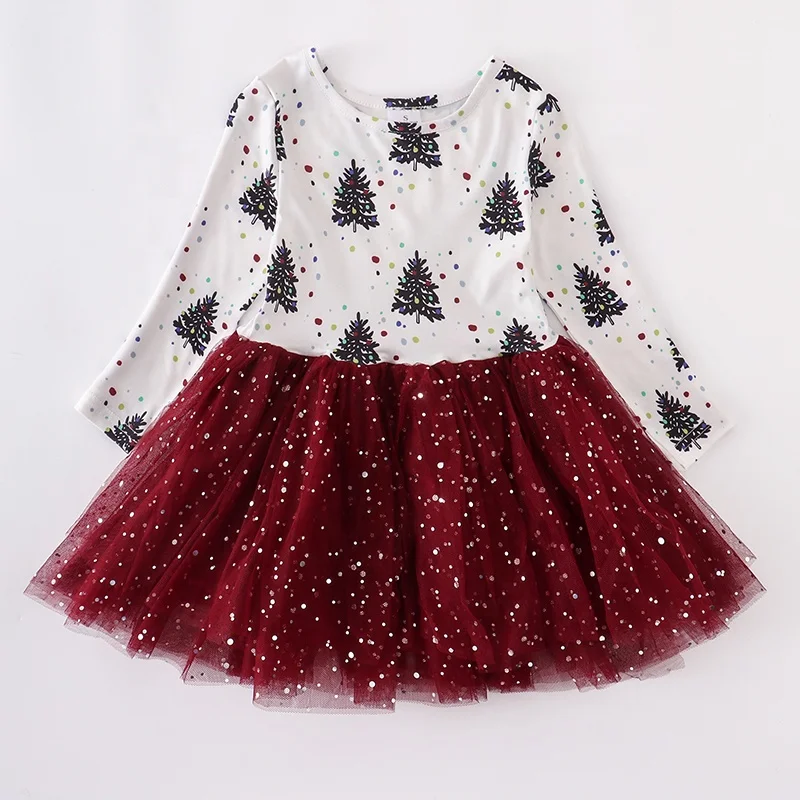 Girlymax 2022 Christmas Trees Boutique princess pettiskirt Long Sleeve Baby Girls Dresses