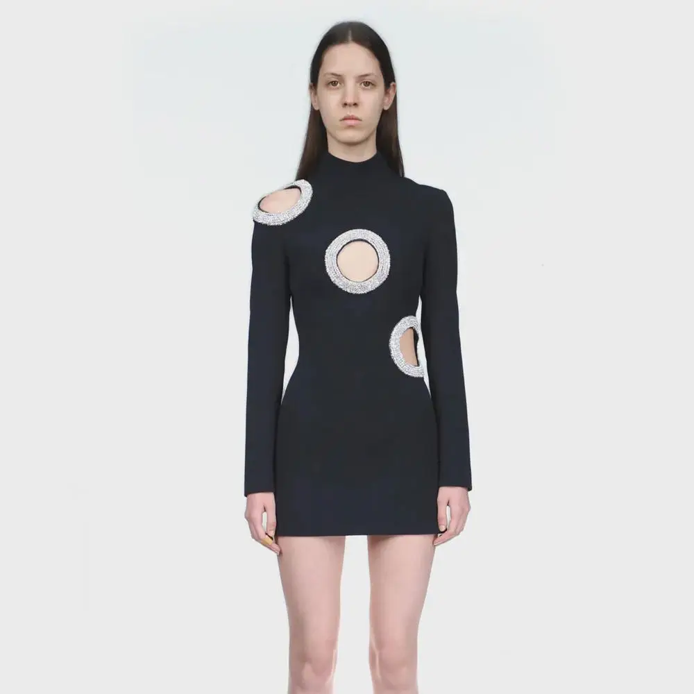 MANYLIYA custom Sexy Ladies Fashion Long Sleeve Ruched Hollow Out Velvet Dress Diamond Party Club Bodycon Bandage Dresses