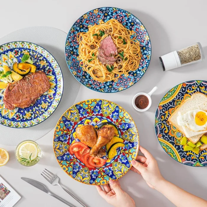 Set of 6 Bohemian Style 10.5-Inch Ceramic Dinner Plates Microwave and Dishwasher Safe Colorful Pottery & Enamel Dishes