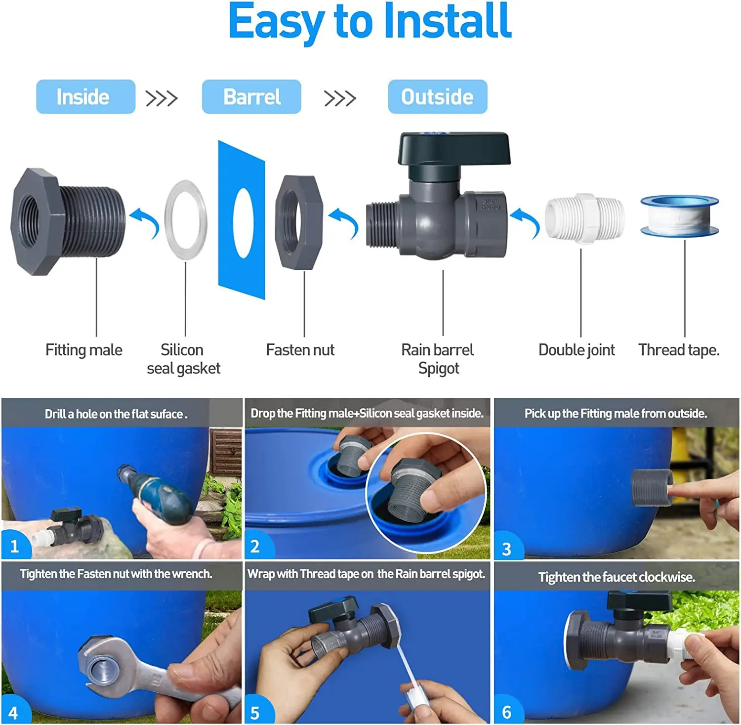 Rain bucket faucet PVC bucket diverter kit with partition connector hose faucet adapter water barrel spigot kit Rain barrel tap