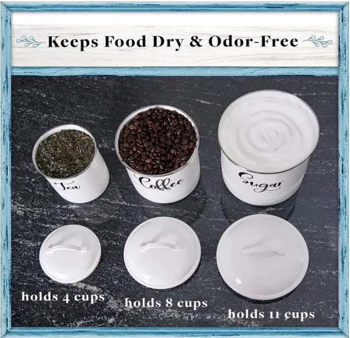 Kitchen Canisters Set of 3 Airtight Tea  Sugar  Coffee Containers Rustic Farmhouse Canister Jars White