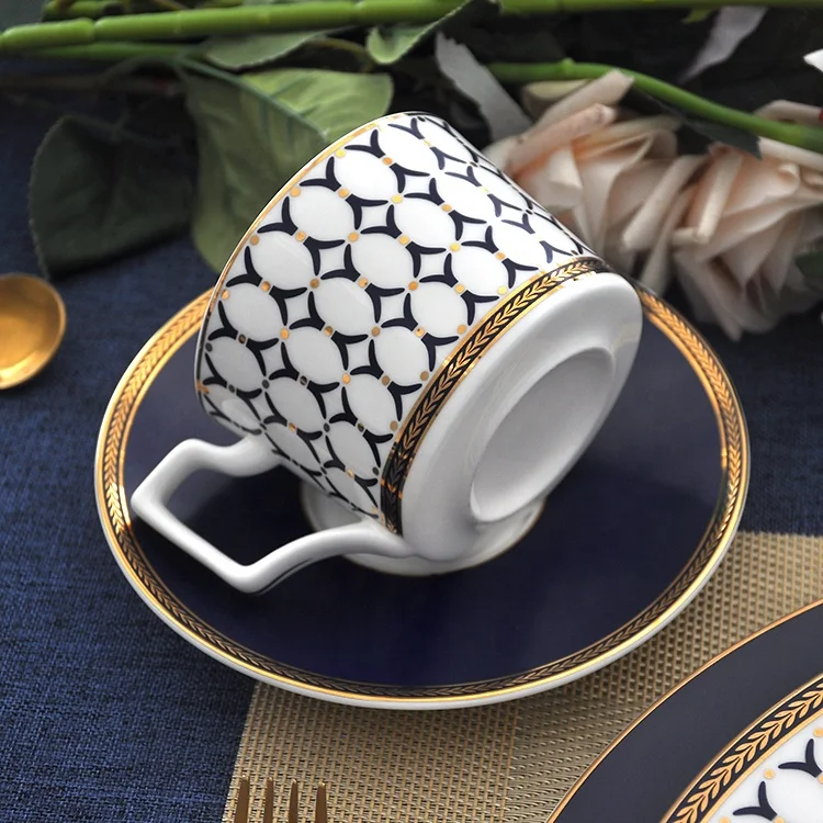 Luxury ceramic gold mug saucer european pattern blue fine bone china coffee cup and saucer set