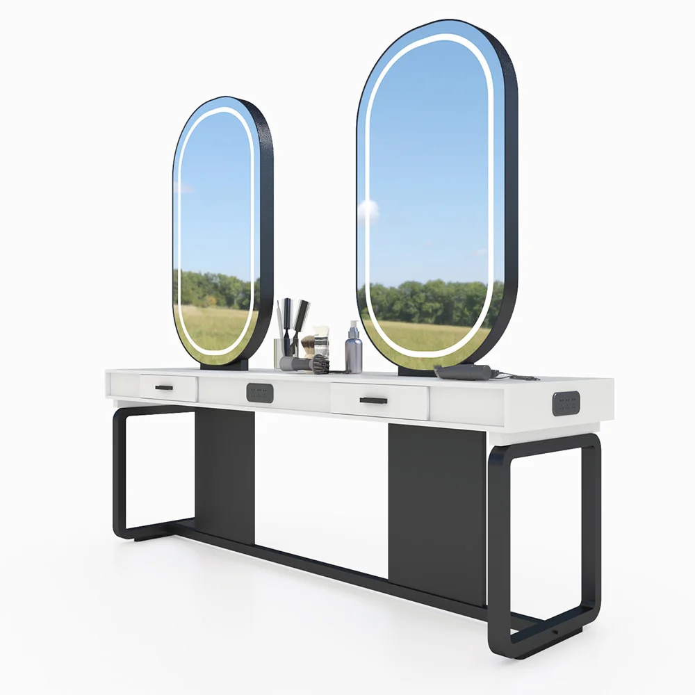 Fashion new haircut studio shop design wood styling furniture double sided beauty salon station with mirror