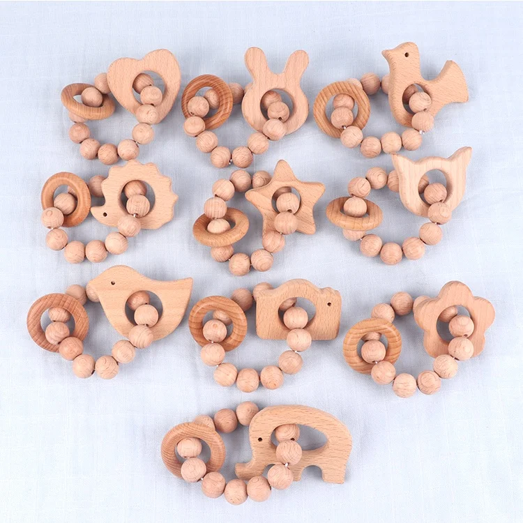 Hot Selling Natural Beech Wood Bead Animal Wood Ring Bracelet Toy Animal Teething Ring Natural Wooden Teether Bracelet