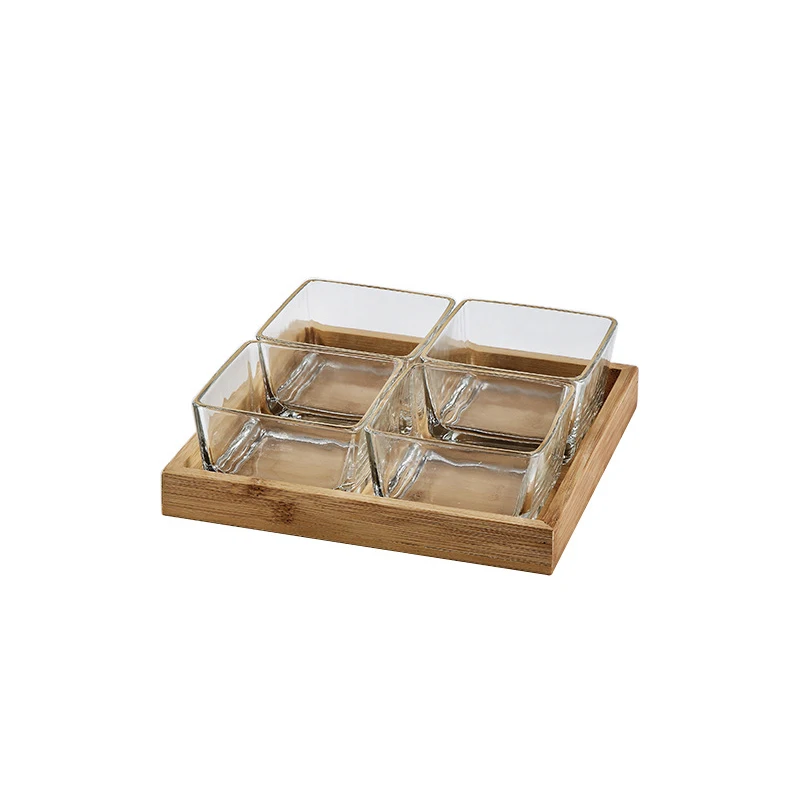 2023 New Luxury Wind Divider Glass Clear Food Service Tray For Living Room Fruit Plate with Wooden Tray