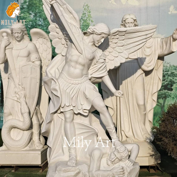 Hot Sale Outdoor Religious Saint Michael Statue White Marble Male Angel Sculpture