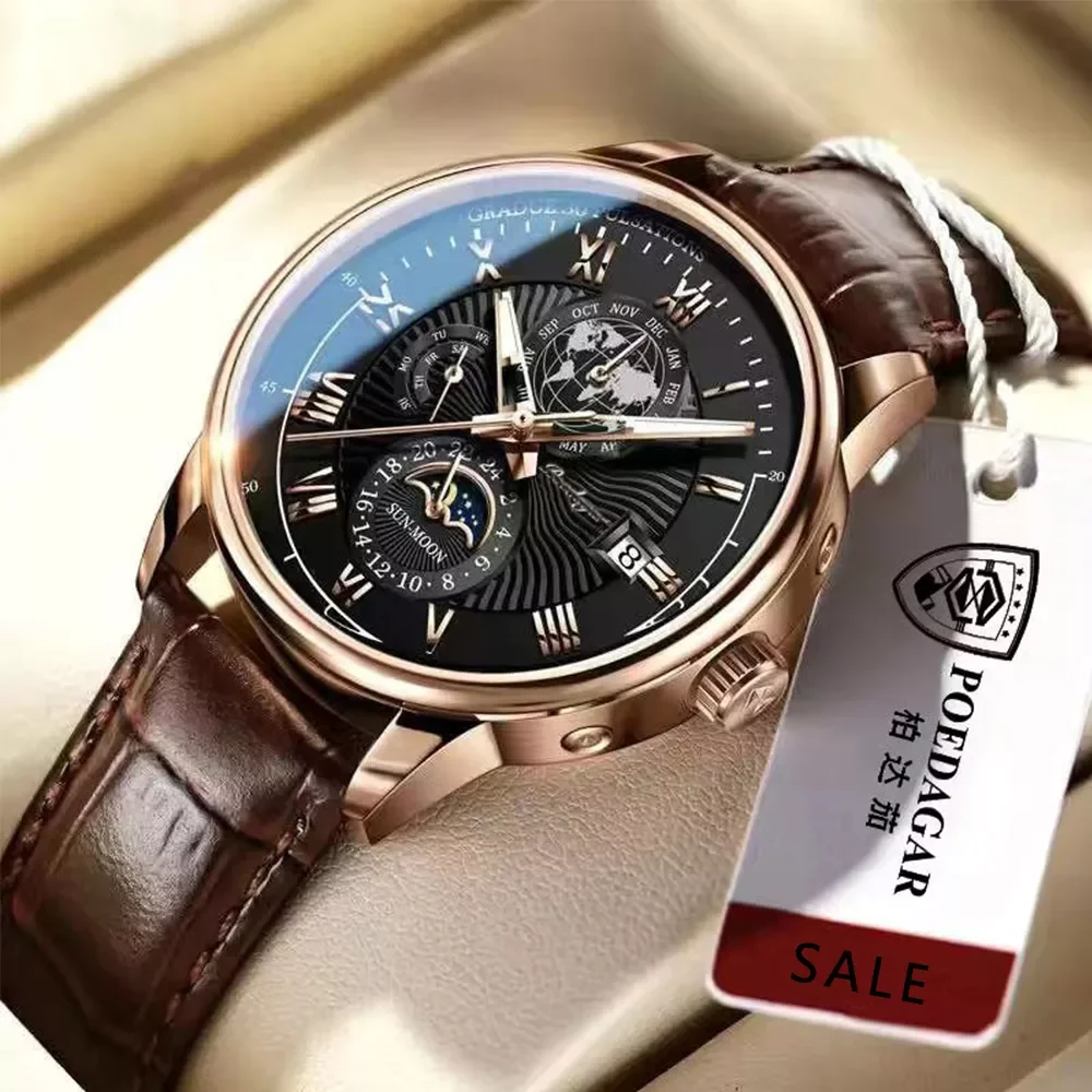 Fashion New POEDAGAR 908 Reloj Leather Mens Luxury Business Quartz Wrist Watch for men