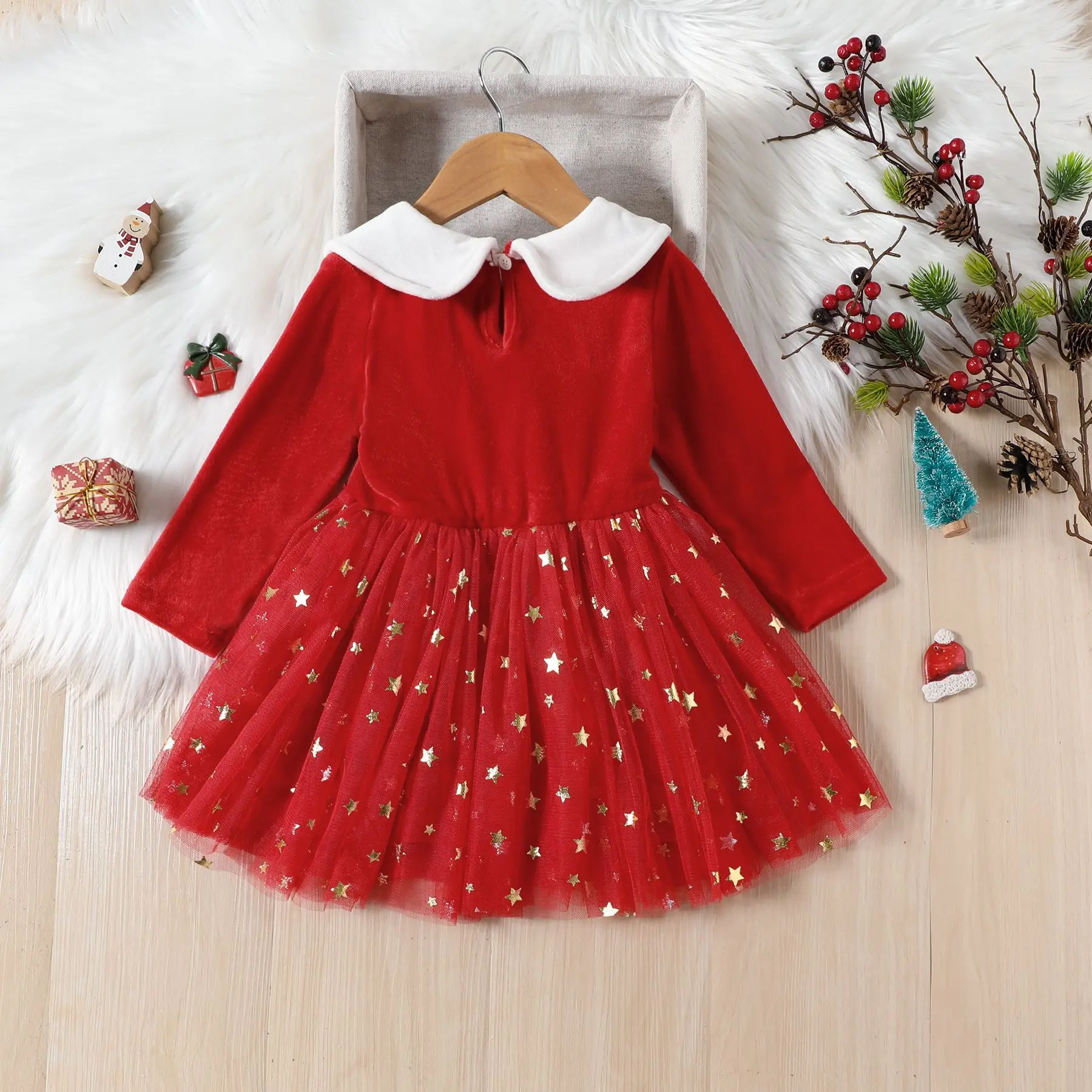 New autumn girls red sequins princess dress kids mesh festival dress Christmas party dress
