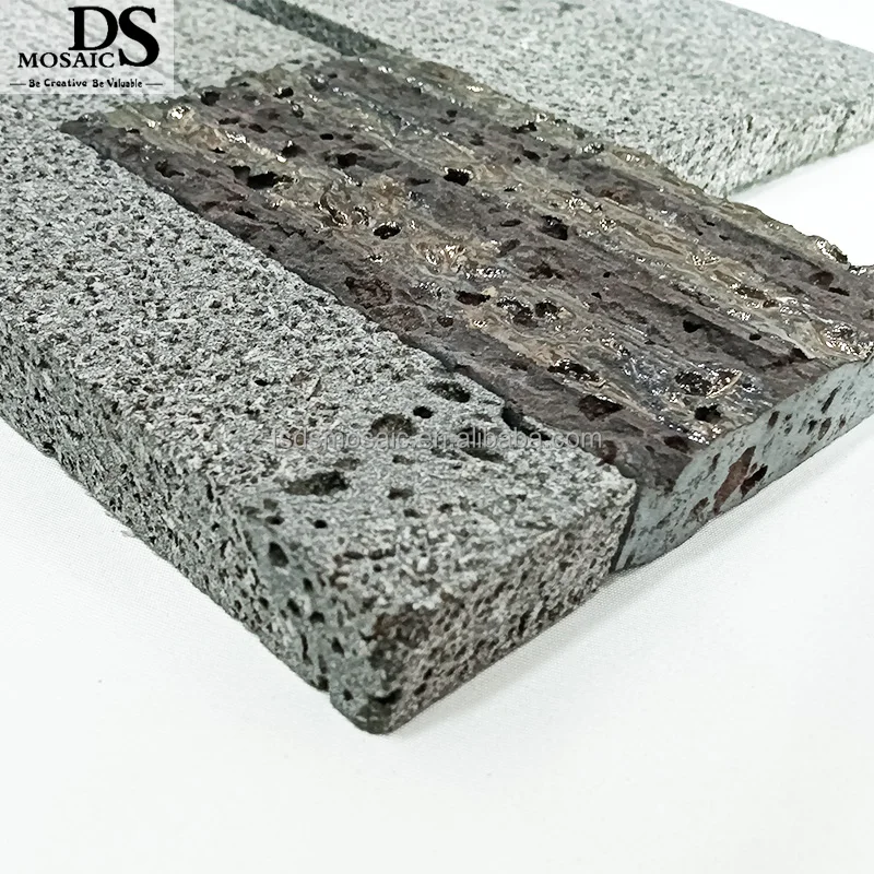 Formed Crack  Irregular Matte Surface Volcanic Stone Wall Tile with Gold Line Lava Stone Mosaic Tiles for Backsplash Floor