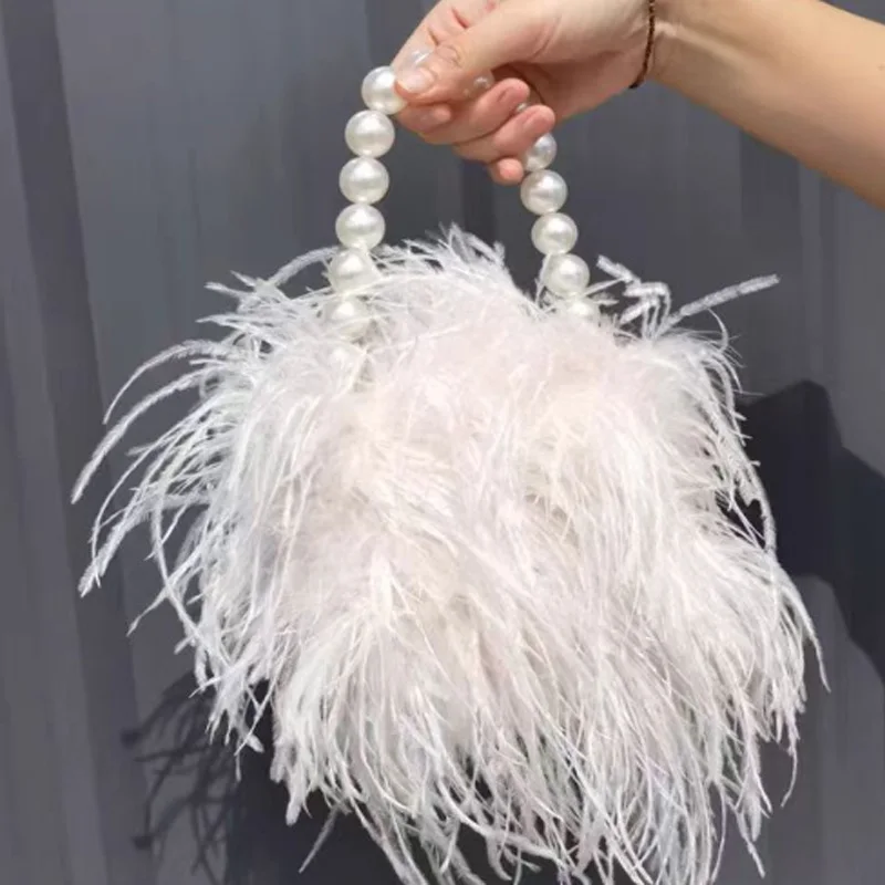 2024 Winter Ostrich Feather Wedding Evening Purse High Quality Wedding Bridal Bag For Women