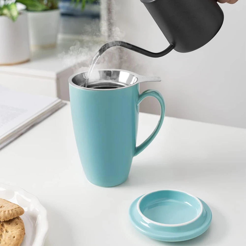 15 OZ Porcelain Tea Mug with Infuser and Lid, Loose Leaf Tea Cup, Gifts for Tea Lover