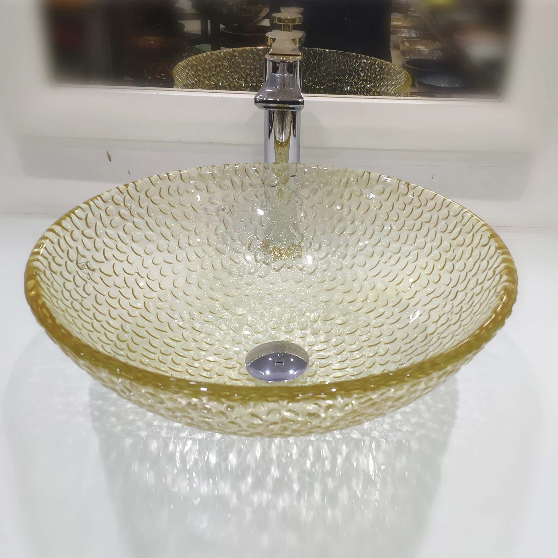 Bathroom Round Glass Vessel Sink Grey Light Yellow Basin
