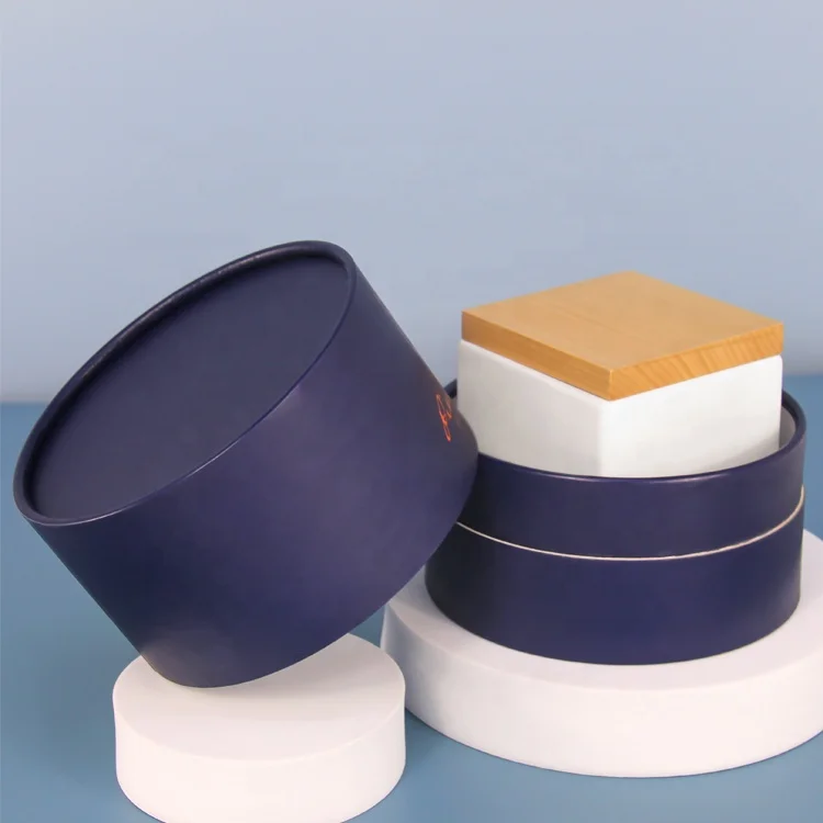 Luxury customized round shaped blue cardboard elegant square ceramic candle jar paper tube box with lid packaging