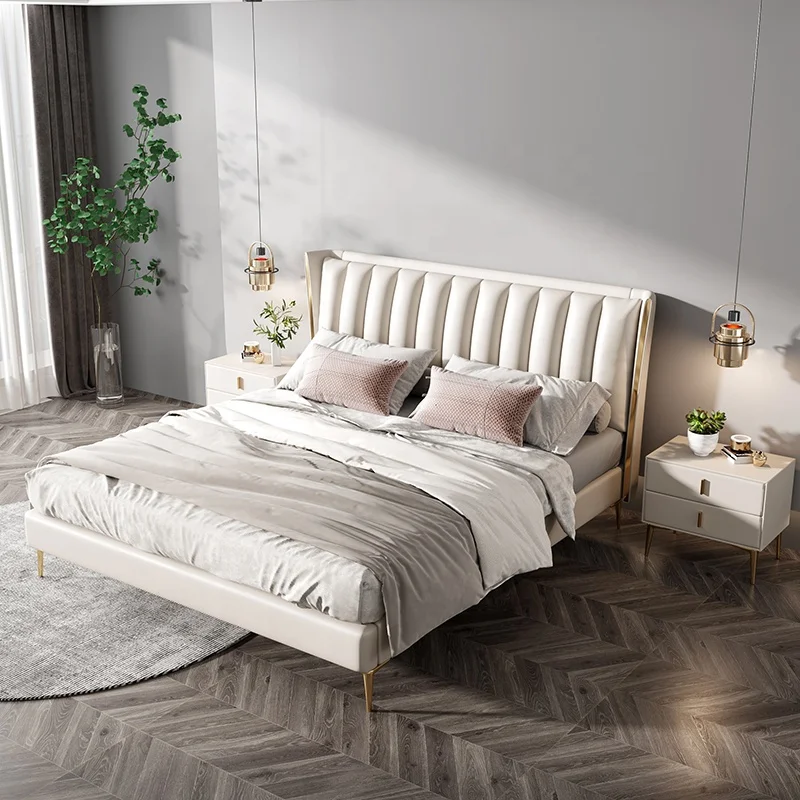 Fashion Style Bedroom Furniture Stainless Steel Legs Upholstery Leather queen bed storage