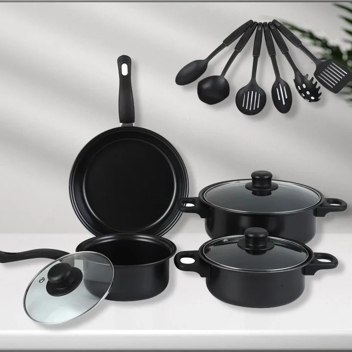 Hot selling 13 Piece Kitchen Luxury Cooking Pots Set Black Red Pink Non Stick Cookware Set With Pots And Pans Set and lid
