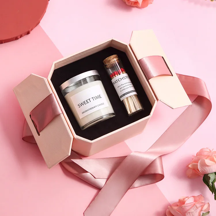 Personalized Home Decoration Ribbon Wedding Gift Cotton/Wood Wick Soy Wax Glass Jar Scented Candle for Luxury Gift Set