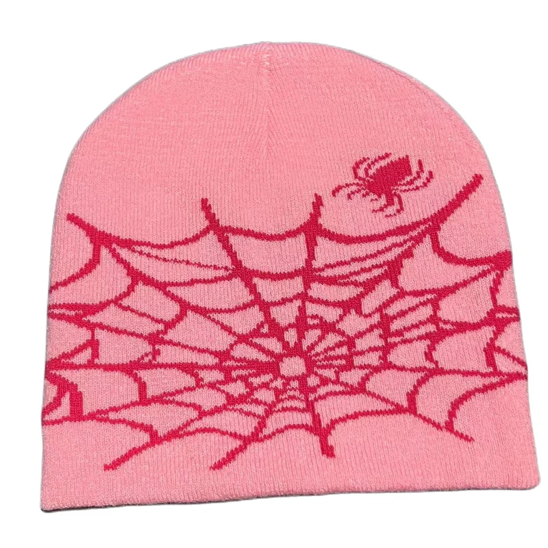 Wholesale Unisex Cool Beanie Hats Spider Web All Over Printing Custom Logo Warm Cap Acrylic Jacquard Knitted Cuffless Beanie