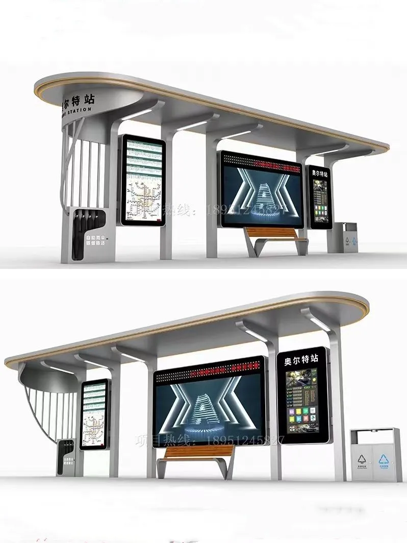 Outdoor Modern Bus Stop Shelter Advertising LED Display Bus Station With Bench