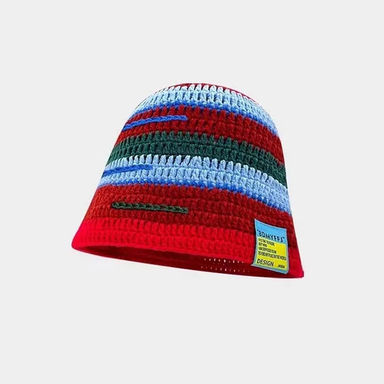 Winter Japanese Crochet Visor Girls Caps Color Striped Knitted Bucket Hat Adult Crochet Hats for Man