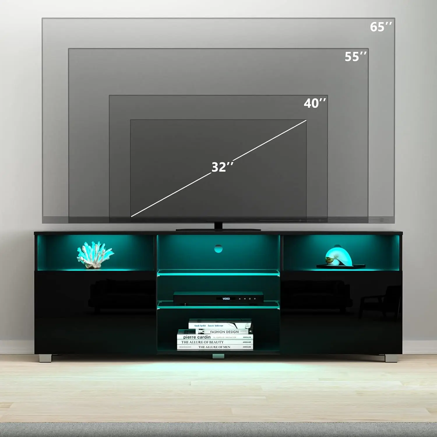 LED Stand for 65 inch TVs, Modern Stand with LED Lights  High Glossy Cabinets Console Entertainment Center with Storage Shelves