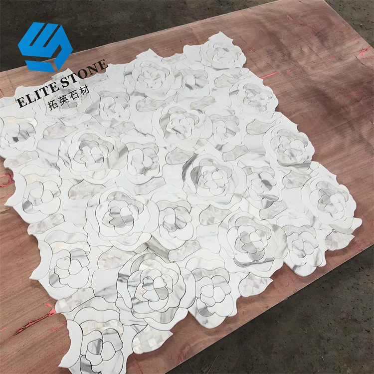 waterjet cut white marble mosaic tiles flower pattern stone mosaic for bathroom wall design
