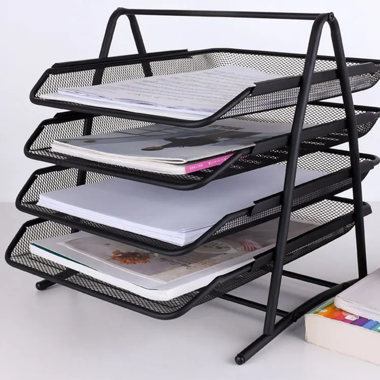 2022 New Black Metal Mesh Organizer Multi-layer Storage Rack Office Desktop Organizer With 4sliding Trays
