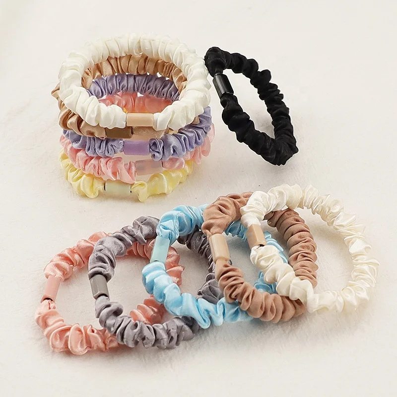 Wholesale Silky Skinny Small Scrunchies Hair Bow Ties Ropes Bands Skinny Scrunchy Elastic Ponytail Holders for Women Girls