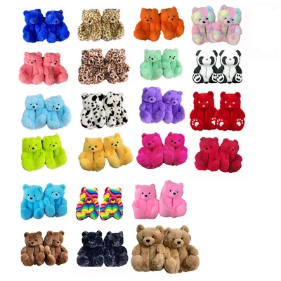  Fashion Design Winter Women Girl Fur Shoes Cute Cartoon Animal Teddy Bear Warm Slippers Bedroom Soft
