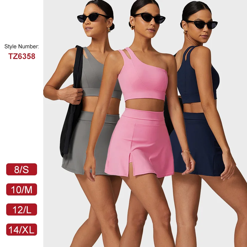 TZ6358 new arrival Yoga 2-piece skirts Set one shoulder strap bra women outdoor sports nude tennis skirts Fitness Gym Wear
