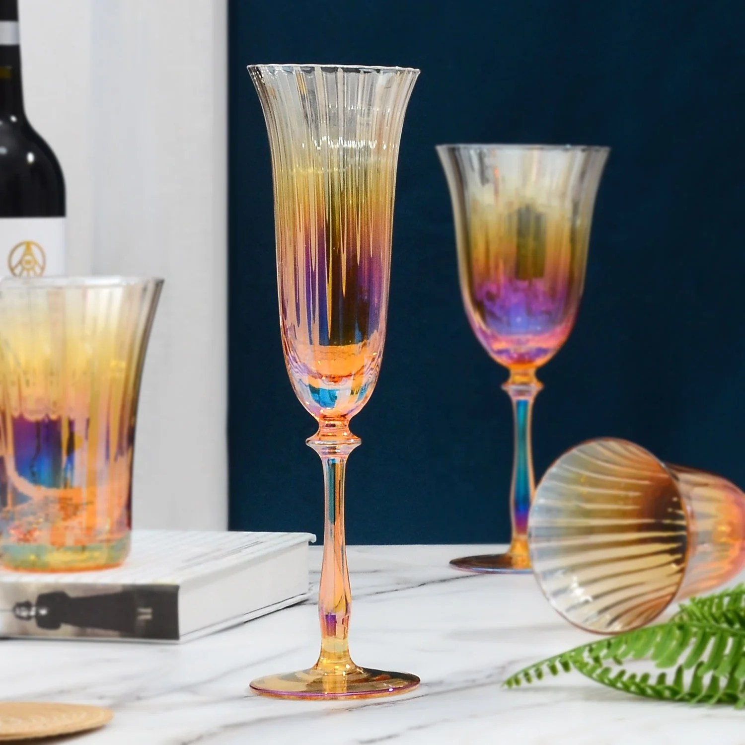 wholesale Unique Wedding Luxury ribbed Rainbow pink Colored wine glass Cup Origami Wine Goblet Glasses