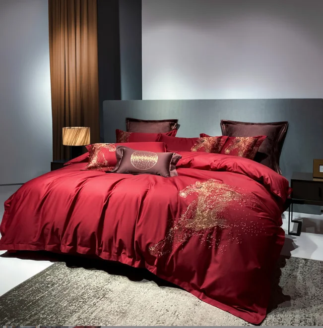 Luxury Chinese Red 100% Cotton Luxury Wedding Bedding Set