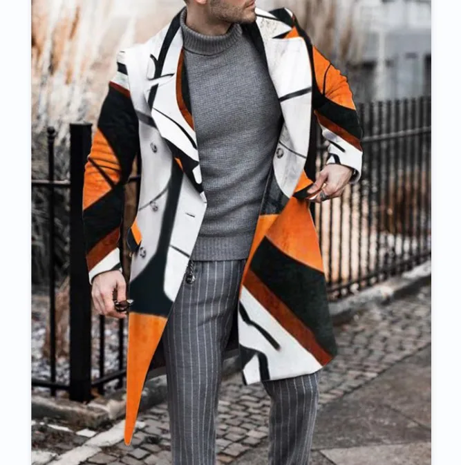 Stock fashion trendy trench coat mens print woolen mid-length coats