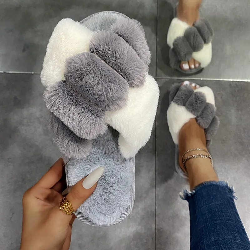 Classic Design Women Winter House Furry Slippers Fluffy Faux Fur Home Slides Flat Fashion Indoor Floor Shoes Ladies Flip Flops