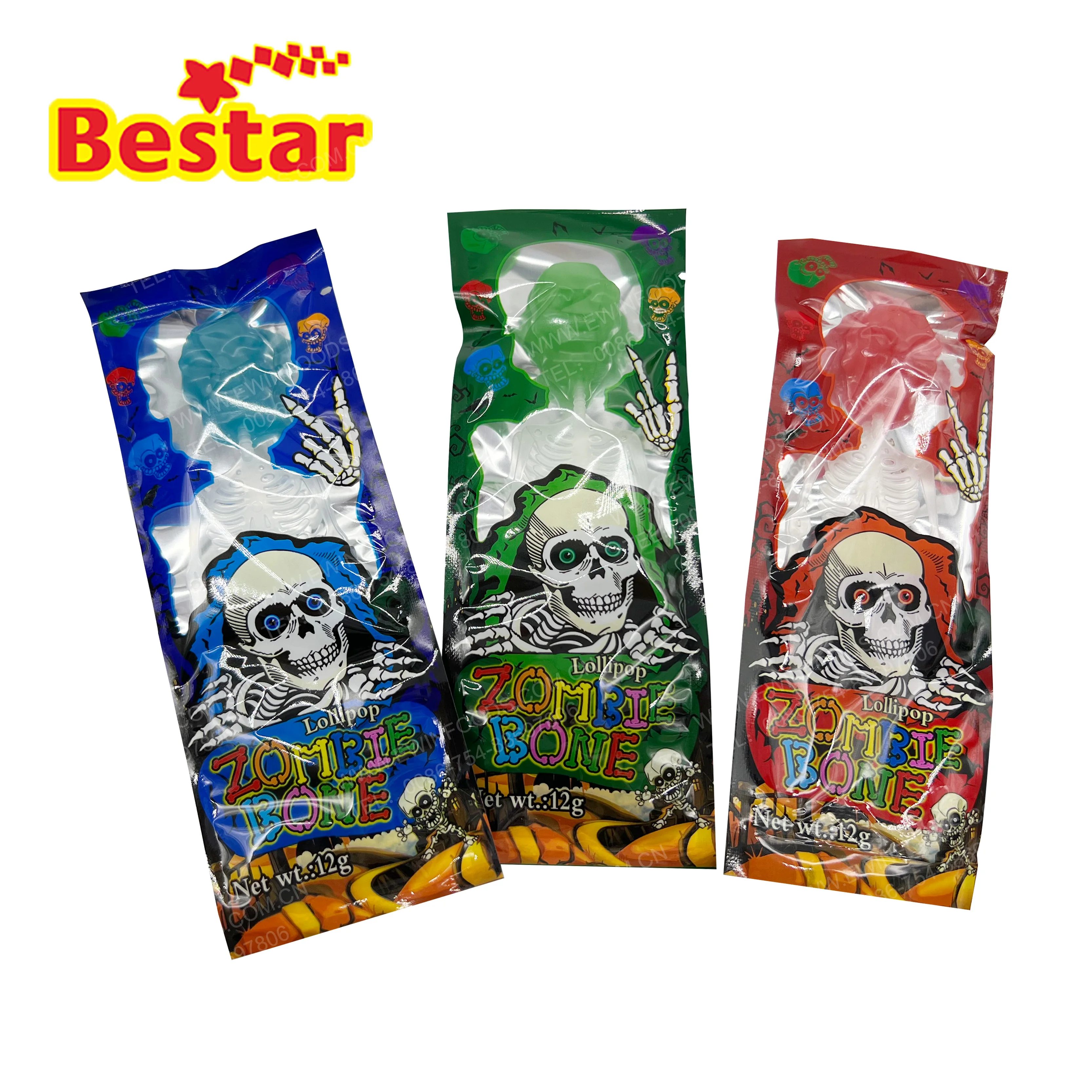 OEM/ODM Halloween 3D lollipop skull shape lollipop hard candy with skeleton shape stick for party
