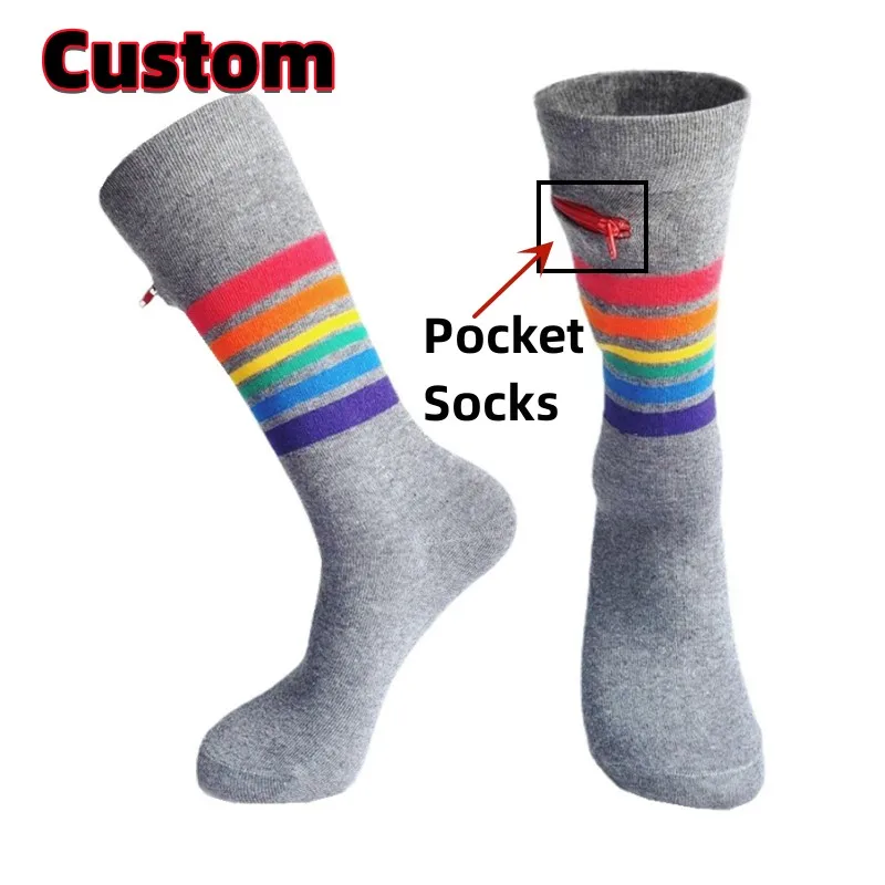 Custom Design Outdoor Men Sports Socks Hidden Zipper Crew Pocket Socks With Zip
