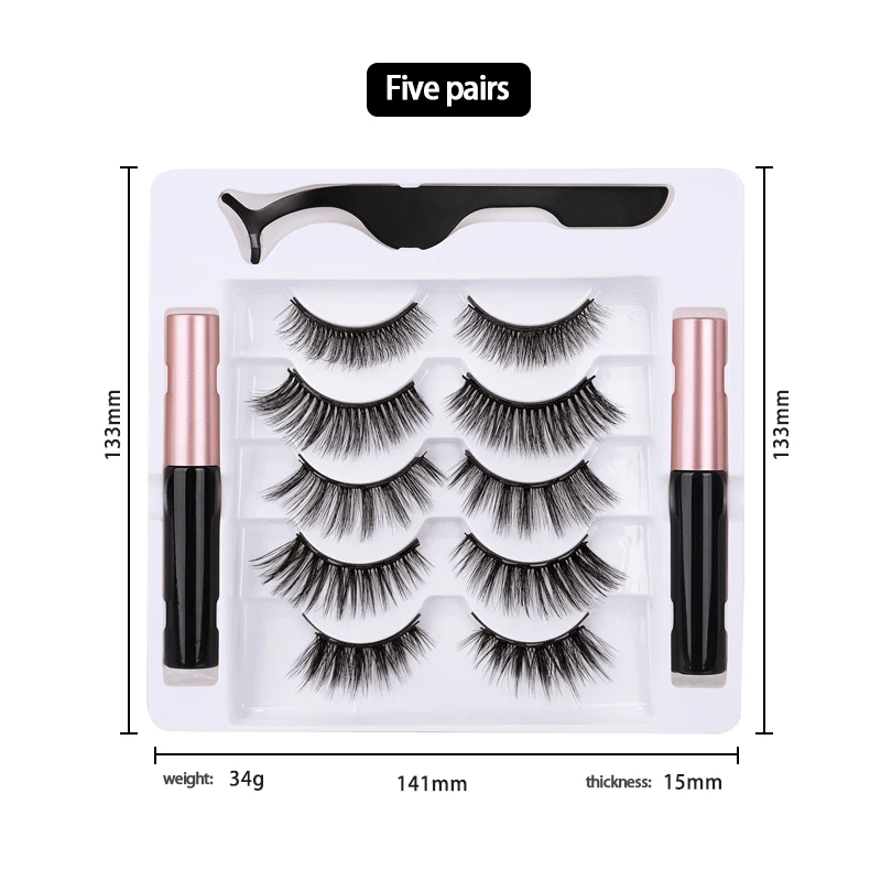 
Wholesale private label vendor 100% 3d magnetic glueless magnatic 10mm 5 pairs fluffy faux mink eyelashes with 2 eyeliner 