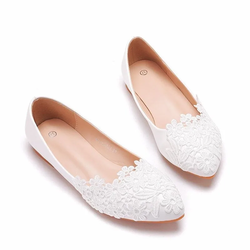 Lady Flat White Lace Bridal Shoes Lady Plus Size Party Crystal Sandals Floral Wedding Shoes
