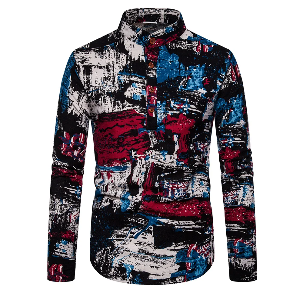 Мужская рубашка с длинным рукавом, разноцветная рубашка в стиле ретро, в этническом стиле, Осень-зима 2020