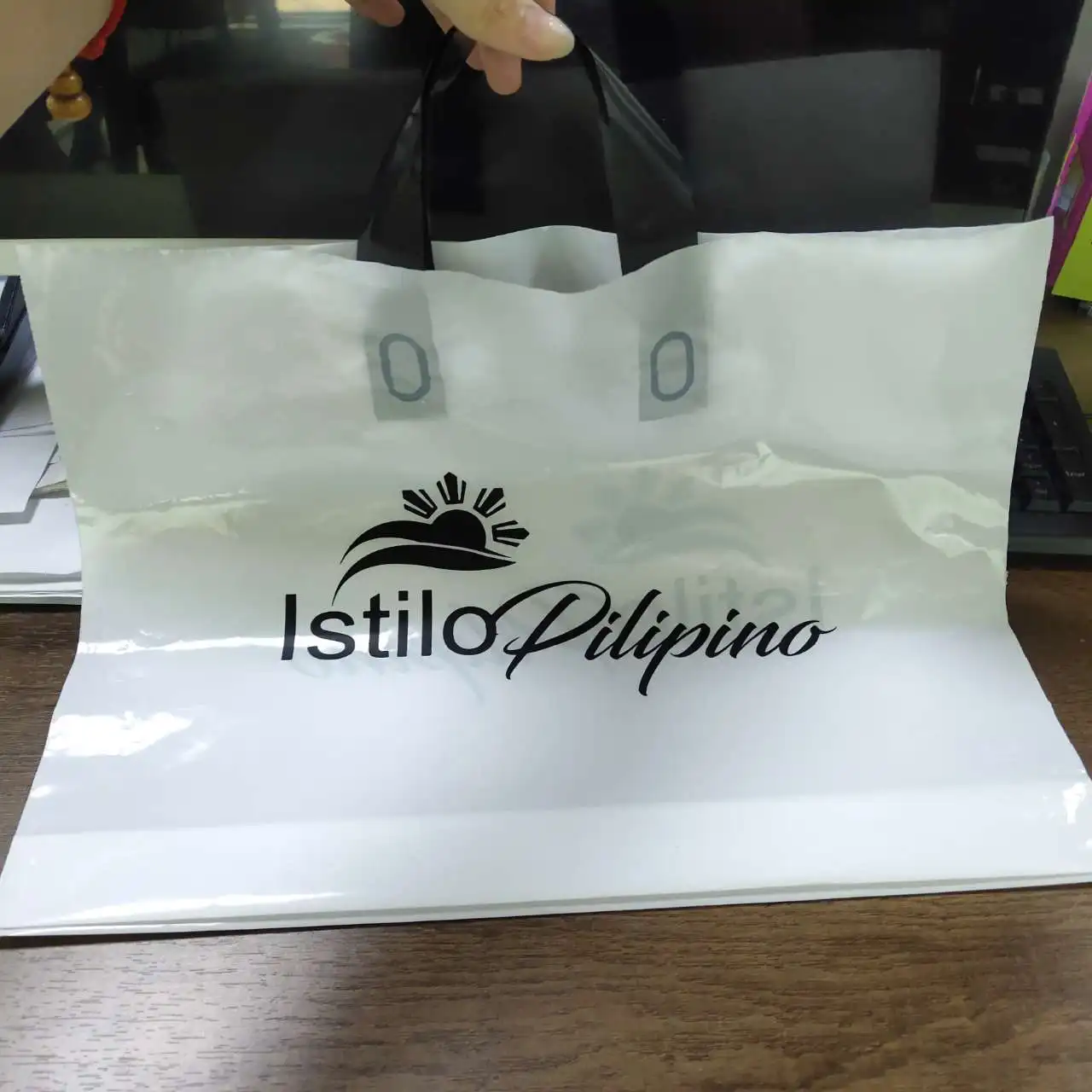 customize  shopping bag biodegradable soft loop handle plastic bag with custom logo for clothing packaging