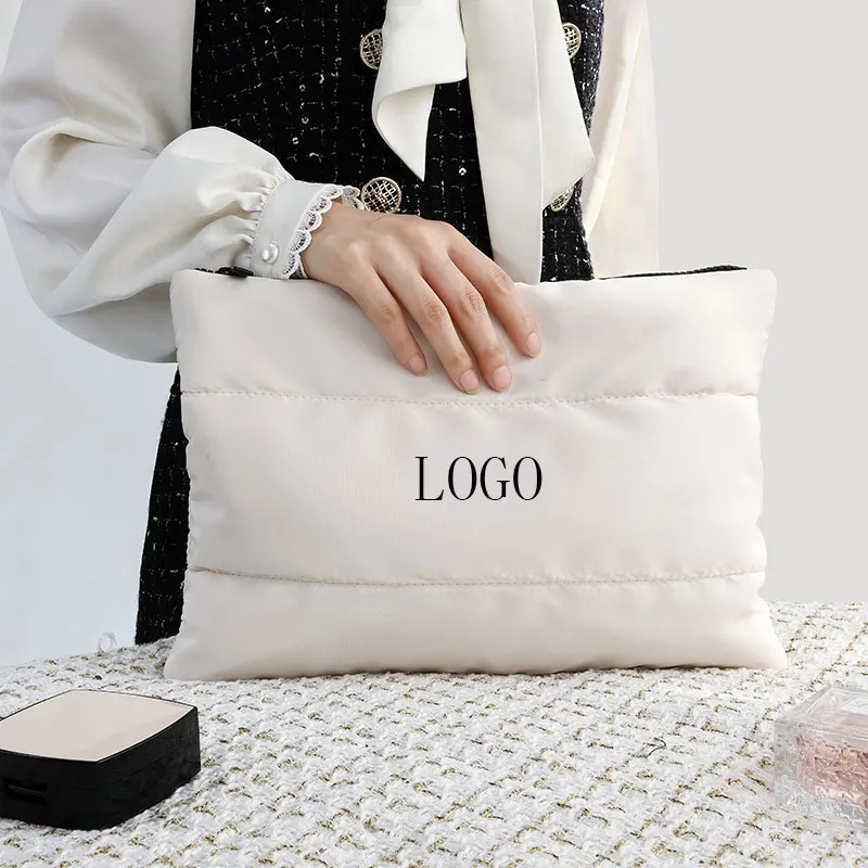 2024 New Custom Logo Down Cotton Nylon Soft Light Weight Puffer Puffy Fluffy Quilted Makeup Cosmetic Bag Travel Make Up Pouch