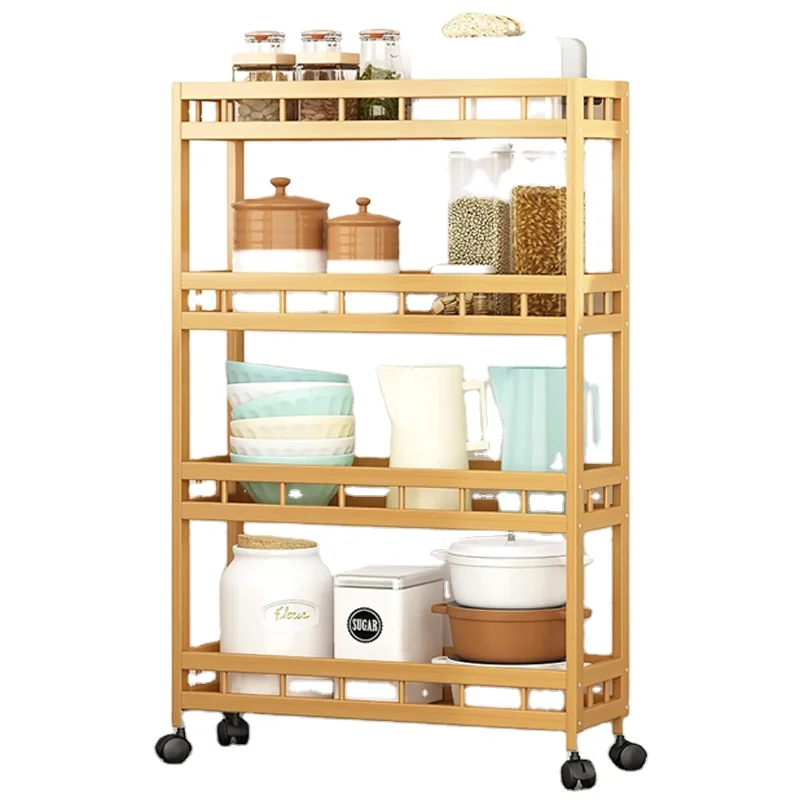 4-Tier Bamboo Kitchen Rolling Cart Removable Wood Trolley Island Cart, Utility Cart Multi-Layer Storage Shelf Rack on Wheels