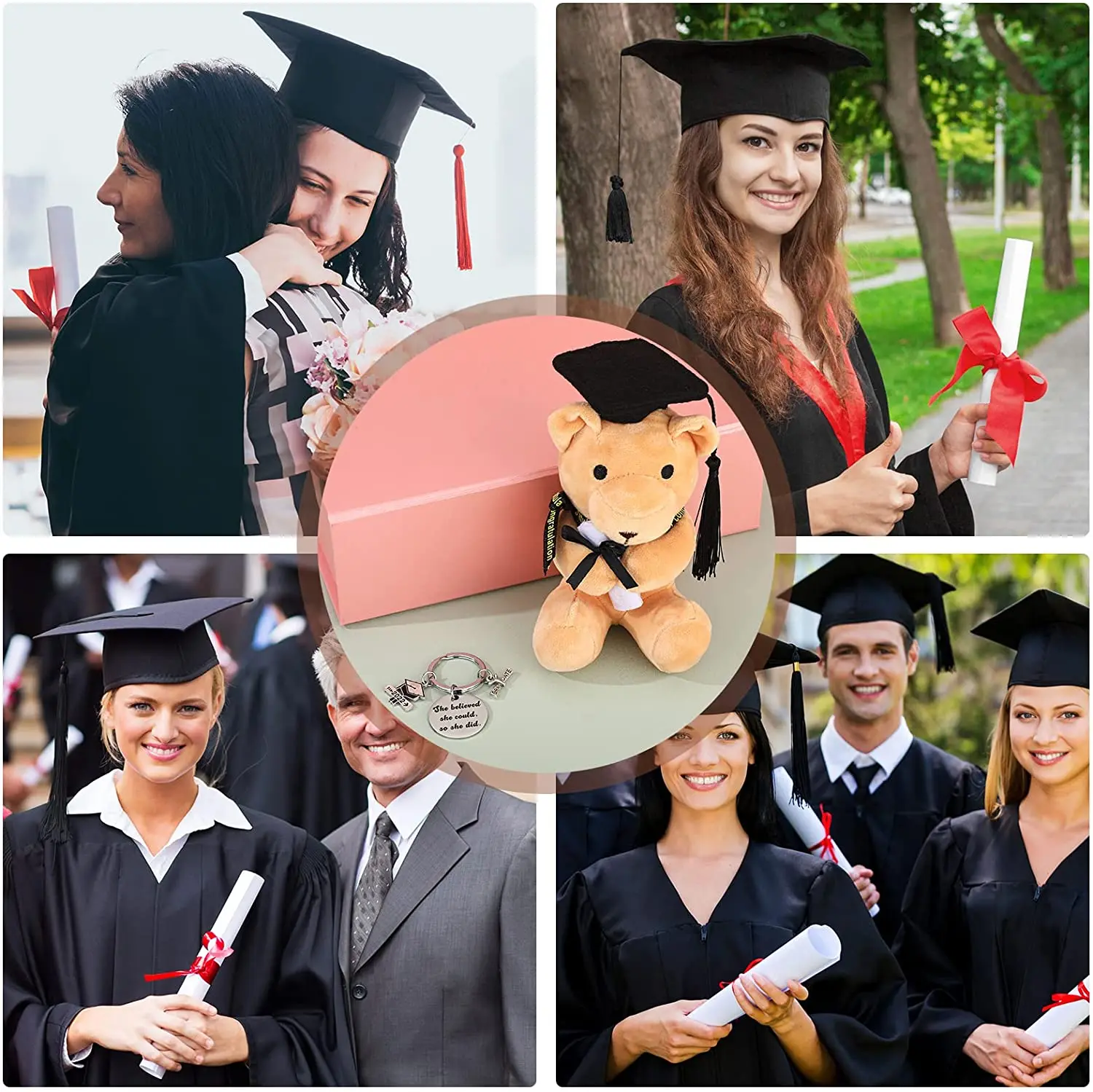 Custom Graduation Gifts Class of 2024 Stuffed Animal Bear and Inspirational Keychain Set Graduation Plush Bear