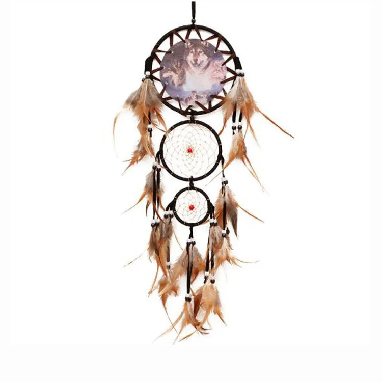 Hot Sale Indian Dream Catcher Wolf Head Oil Painting Handmade Dreamcatcher Home Decor Wall Hanging Natural Feather Pendant Room