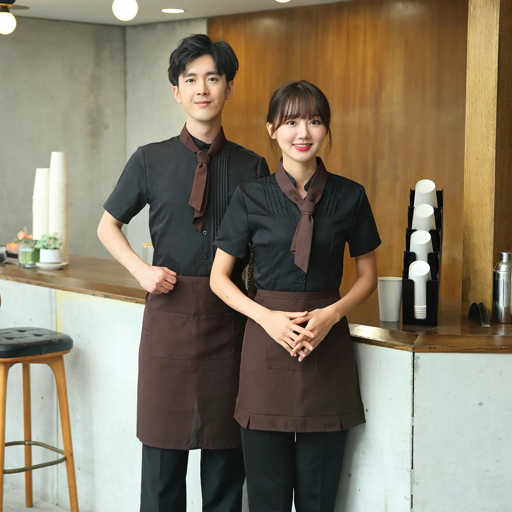 
Waiter short sleeve shirt set Restaurant hotel staff uniform leader towel Pure color cleaner uniform 