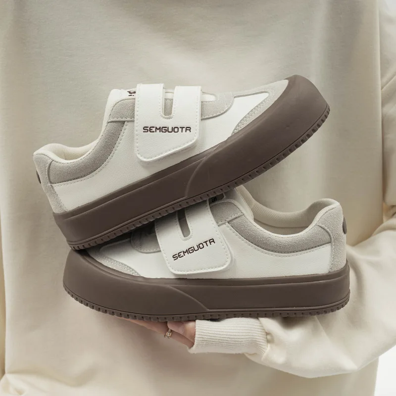 Anti Slip Magic Tape Solid Color Students Increase Thick Soled Casual Walking Style Plain White Shoes